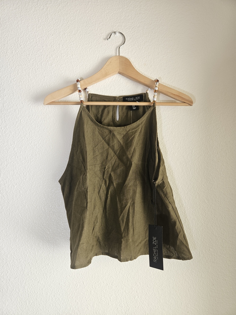 Rachel Zoe Olive Green Beaded Spaghetti Strap Linen-Blend Tank Top